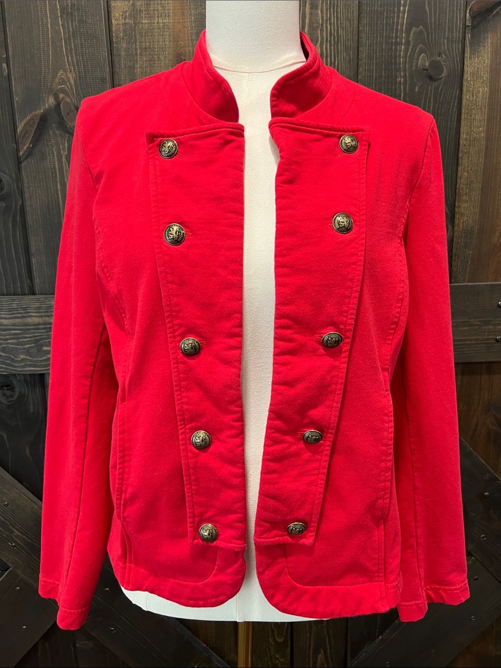 Tommy Hilfiger Red Military Band Jacket L Crimson Open Buttons Quality Feel Prep